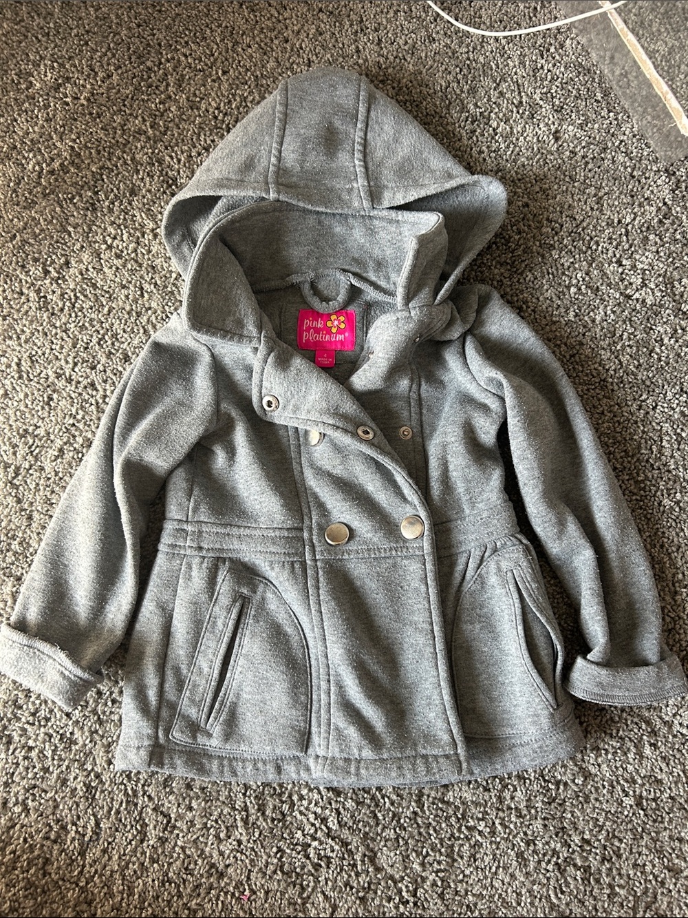 Pink Platinum Girls' Gray Hooded Double-Breasted Peacoat